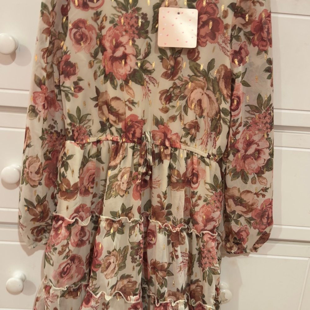 Love to Be Loved Girls Floral Dress Size 10 Gold Metallic Detail Tiered Skirt